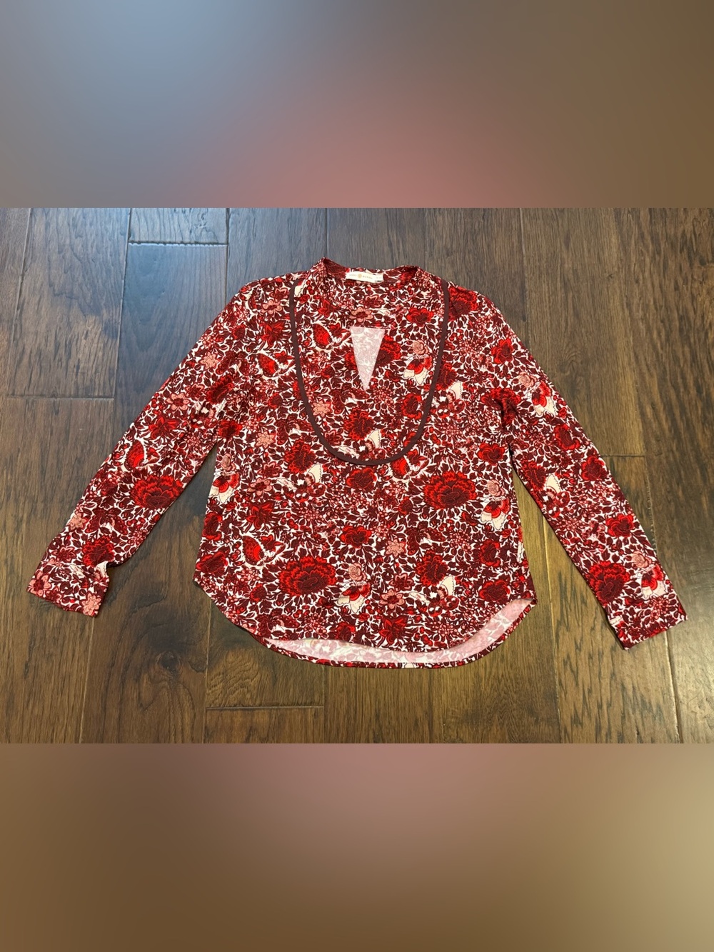 Tory Burch Meg Floral Butterfly Long Sleeve Knit Tunic Dark Red XL